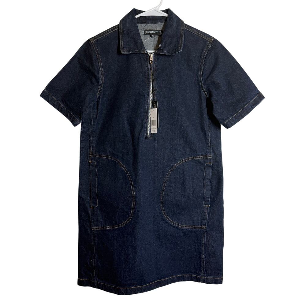 NWT BLANKNYC Denim Shift A-line Mini Dress Cotton Dark Wash Half-Zip Size S